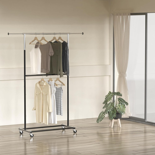 Rack Perchero Con Ruedas Para Ropa Doble Nivel Color Negro