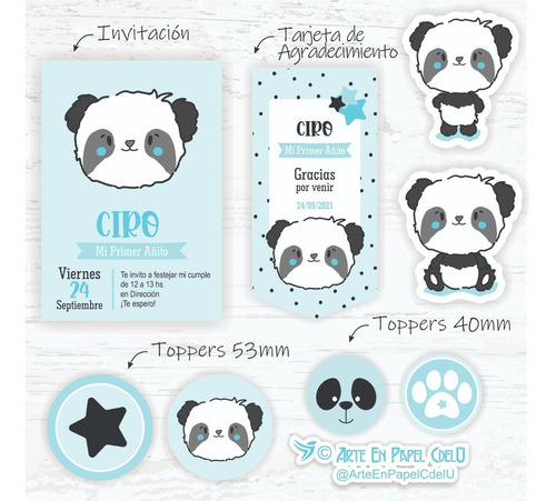 Imagen 2 de 5 de Kit Imprimible Decoración Candy Bar Oso Panda Texto Editable