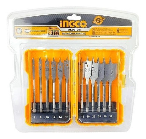 Imagen 2 de 4 de Set De Brocas Planas Madera Industrial 12pzs 6-32mm Ingco