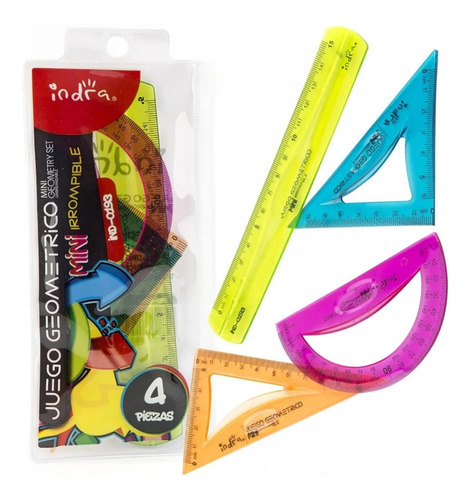 Set 4 Regla Y Escuadras Flexibles Diferentes Irrompible Neon