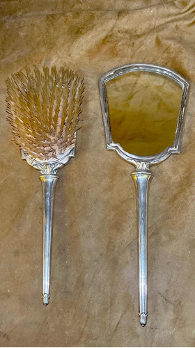 Espejo Y Cepillo De Mano Antiguo Plata Sellados De Tocador