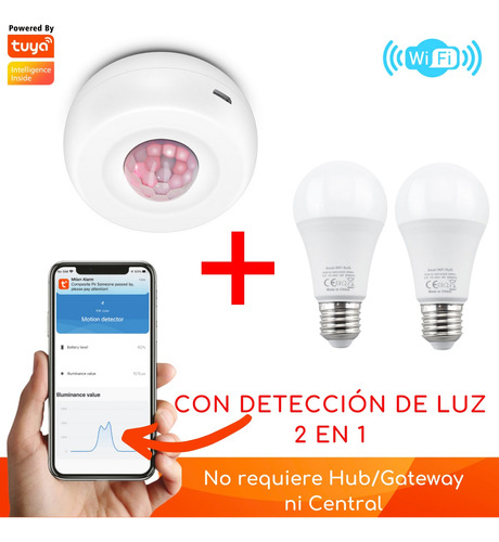 Kit Sensor Movimiento+2 Ampolletas Wifi, Control Luces Smart