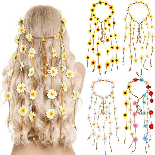 Diadema Tocado Guirnalda Floral Hippie Bohemia Boda Set 4pz