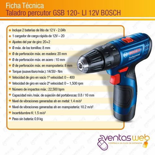 Imagen 7 de 8 de Atornillador Bosch Taladro Percutor 12v + 2 Baterias Maletin