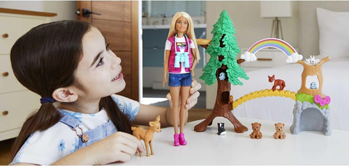 Muñeca Barbie Con Figuras De Animales, Arbol Arcoiris Y Mas