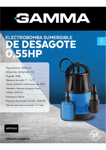 Electrobomba Sumergible De Desagote 0.55 Hp - G3205ar