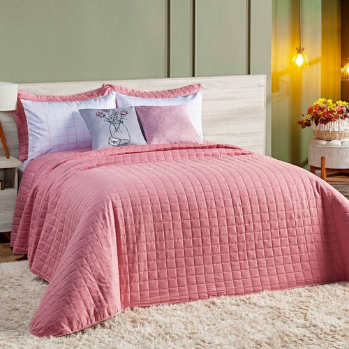 Kit De Cama Colcha Cobre Leito Casal Percal 200 Fios 7 Peças Cor Rosê Garden