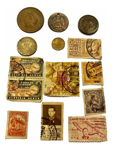 5 Monedas Y 9 Timbres Antiguos De México (Usado)