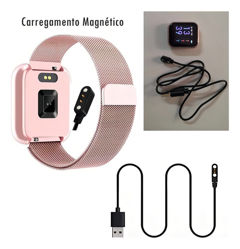Reloj inteligente T80, 2 pulseras, película y caja, color de pulsera rosa, bisel, color rosa