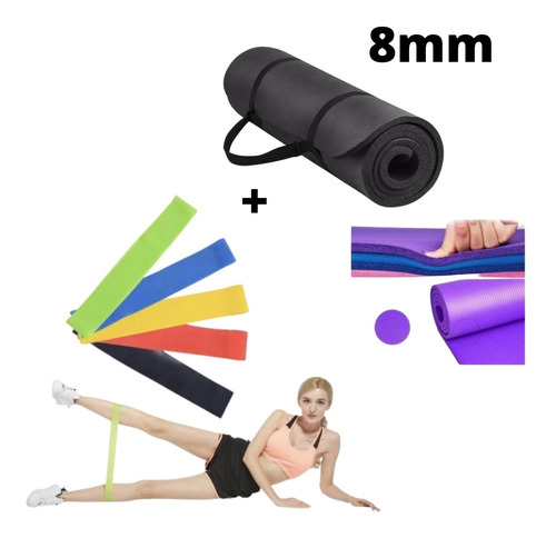 Set Mat Yoga Colchoneta Pilates 8mm + Kit 5 Bandas Elásticas