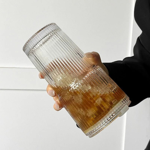 Taza De Café De Cristal A Rayas De 600ml Con Tapa Y Pajita,