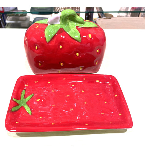 Mantequillera Con Tapa Mantequillera De Ceramica Frutilla Rojo