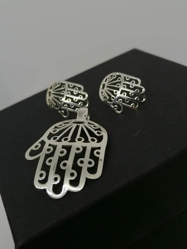 Aretes Y Dije Mano De Fatima Con Diseño En Plata 925