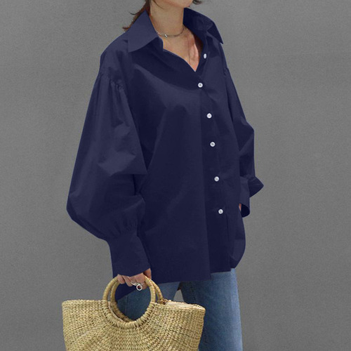 Blusa Casual De Manga Larga Con Botones De Solapa A La Moda