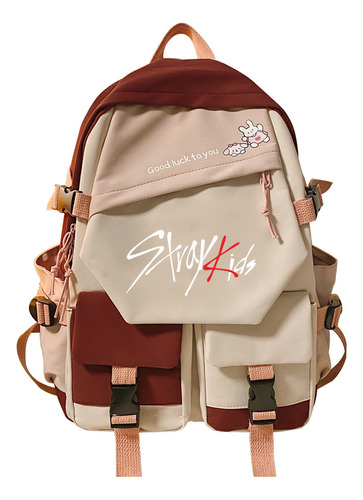 Bolsa Mochila Stray Kids De Grande Capacidade Para Meninas Cor Vermelho-bege