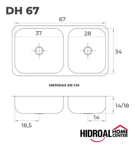 Imagen 2 de 4 de Pileta Bacha Doble Cocina Acero Inoxidable 67 Cm Profunda
