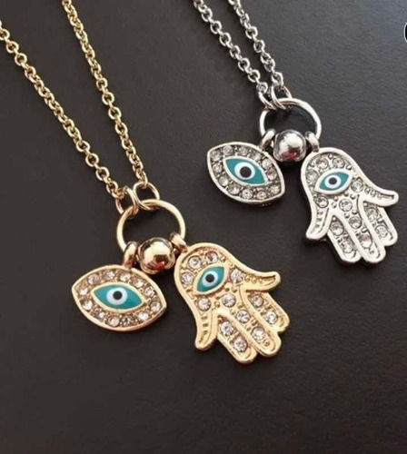 Collar Triple Dije Mano De Fatima Ojo Turco Y Turquesa