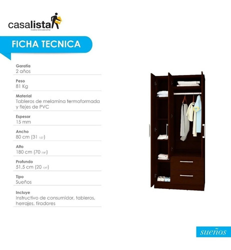 Mueble Clóset 3 Puertas 2 Gavetas Casa Lista Sueños