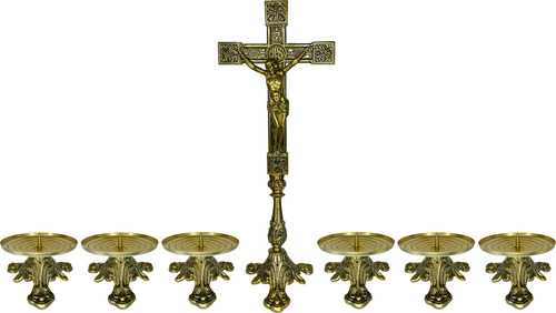 Conjunto Cruz De Altar Com 6 Castiçais 7x13cm Dourados Metal