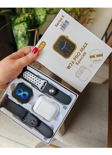 Reloj Inteligente Smartwatch W26 Pro Max Blanc + Auriculares Blanco Mesh Blanco Negro