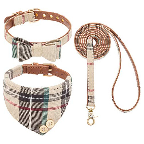 Collar Y Correa Ajustable Con Pajarita Beige Talla M 3pzs