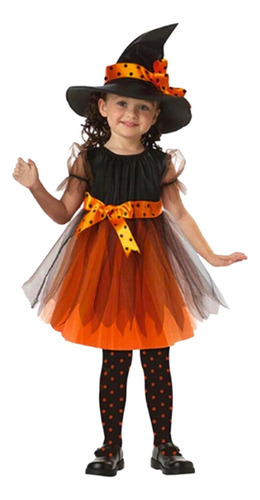 Disfraz Niña Halloween Brujita Con Tutú Naranja Y Sombrero