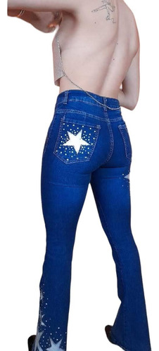 Jeans / Pantalon Oxford Azul Pintado Con Estrellas Plateadas