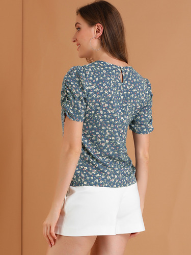 Blusa Floral Mujer Camisa Fruncida Tops Con Cuello Redondo