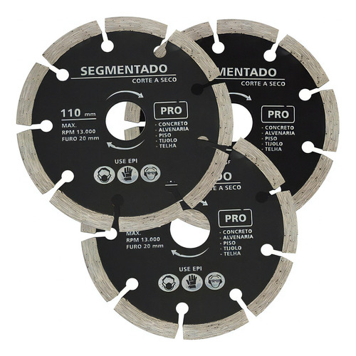 Kit 3 Discos Diamantados Segmentado 110x9t Pro Pegafer Cor Preto