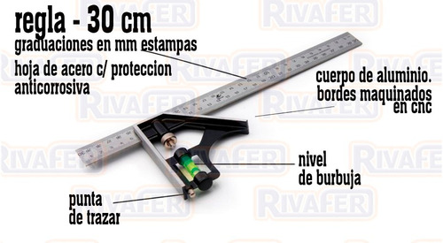 Imagen 4 de 10 de Escuadra Con Nivel Combinada Numerada Corrediza Reforzada
