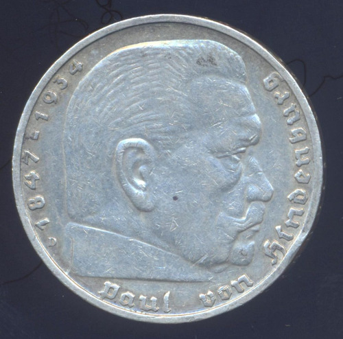 Alemania Hindenburg 5 Reichsmark 1935 D Km 86 Moneda Plata (Usado)