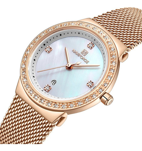 Reloj Dama Naviforce Moda Fecha Cristal Diamante Oro Rosa