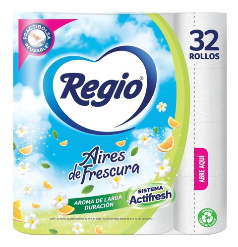 Imagen 1 de 4 de Papel Higiénico Regio Aires De Frescura 32 Rollos