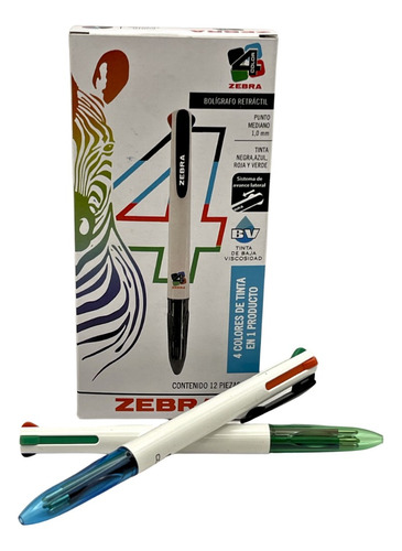 Boligrafo Zebra 4 Colores Retractil Punto Mediano C/12 Color De La Tinta Surtido Color Del Exterior Blanco