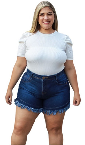 Imagem 1 de 4 de Short Jeans Plus Size Feminino Curto Desfiado Com Lycra