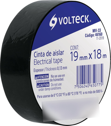 Cinta Eléctrica Aisladora 19mm Negra Volteck Pack 6 X 18mts