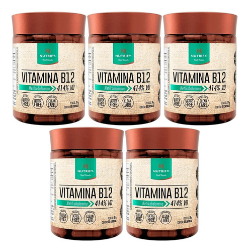 Kit 5 Vitamina B12 Metilcobalamina 414% 60caps Nutrify