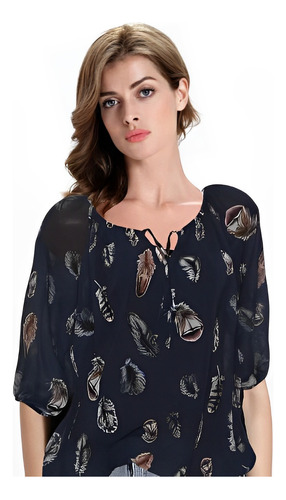 Blusa Moda Casual Elegante Mujer Suelto Estampado De Plumas 