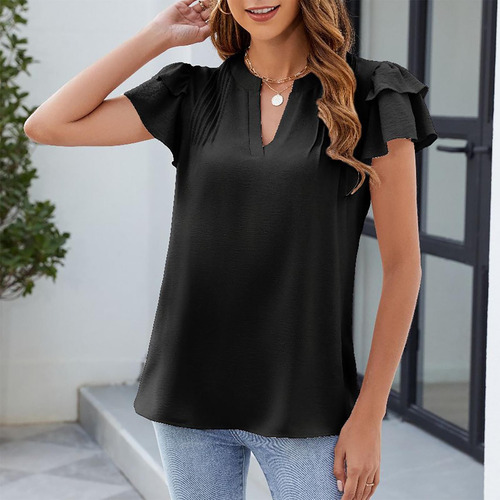 Camiseta Casual Plisada Frontal Con Cuello En V Y Mangas De