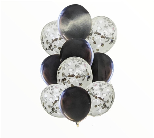 Set 10 Globos Negro Plata Cristal Latex Confetti Apto Helio