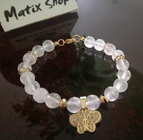 Pulsera Cuarzo Con Dije Mariposa Acero Dorado