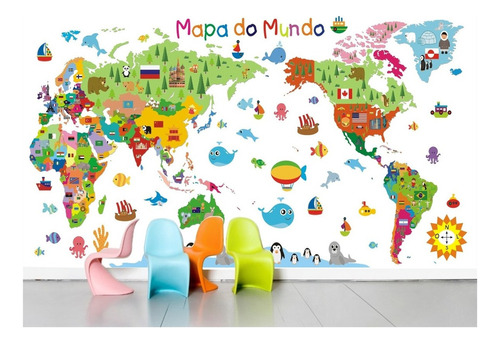 Adesivo Infantil Mapa Mundi Papel De Parede Decorativo M06