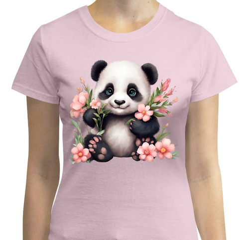 Playera Diseño Oso Panda Tierno Con Flores Rosas - Flores