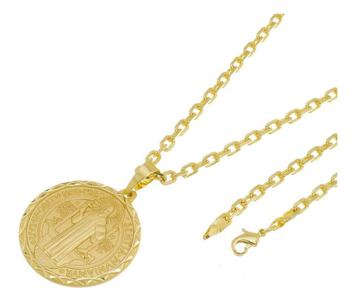 Medalha São Bento + Corrente Modelo Francesa Folheado Ouro