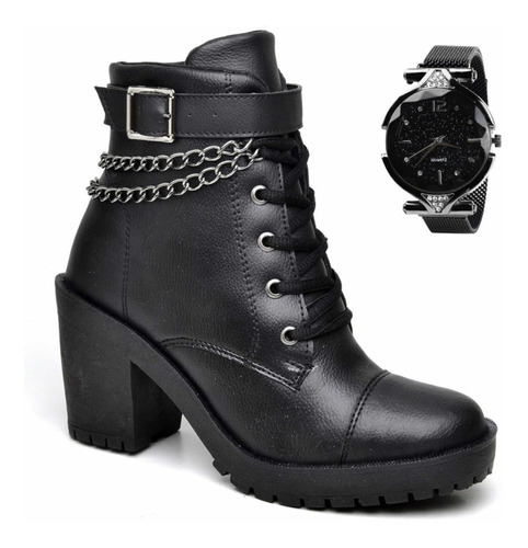 Bota Mujer Tractorada Cuero Eco Evilla + Reloj De Regalo