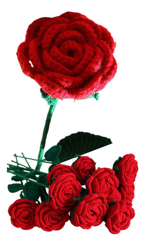 Flores De Ganchillo, 1pcs Rosa Roja De Lana Artificial Tejid