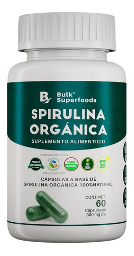 Suplemento Espirulina Orgánica 60 Cápsulas De 500 Mg 100% Natural Sin Gluten Apto Keto | Bulk Superfoods