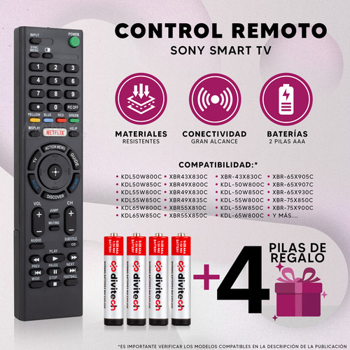 Control Remoto Compatible Con Sony Rmt-tx100u Smart Netflix 4 Pilas AAA Divitech® Incluidas