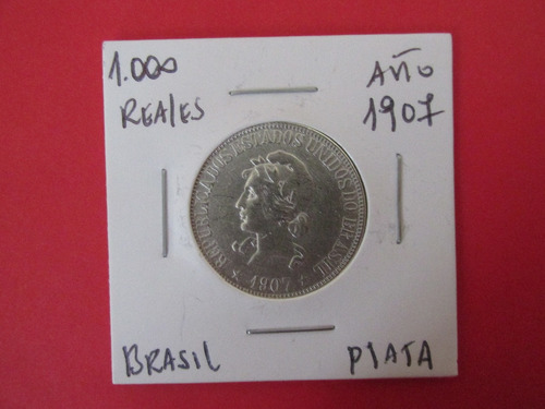 Antigua Moneda Brasil 1.000 Reales De Plata Año 1907 Escasa