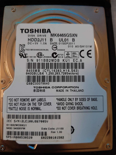 Disco Duro Marca Toshiba 640 Gb De Laptop